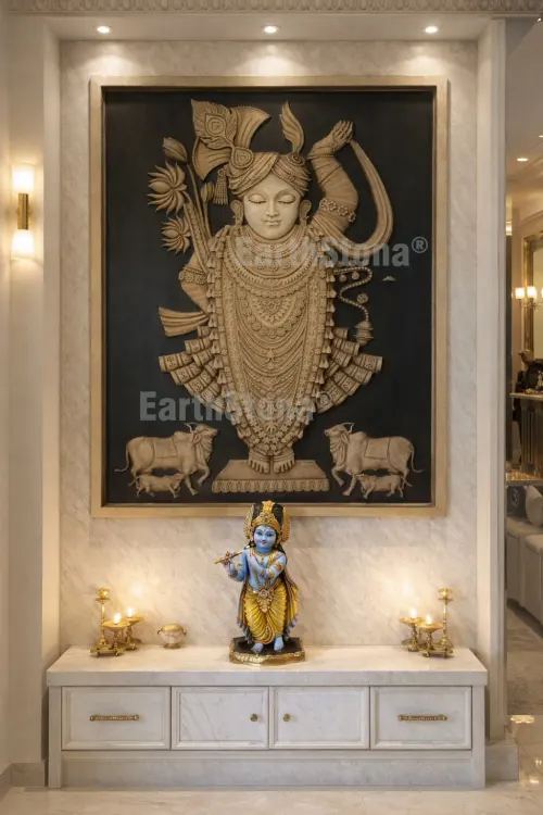 Hand Carved Antique Marble Shreenathji Wall Mural for Luxury Mandir Wall Decor